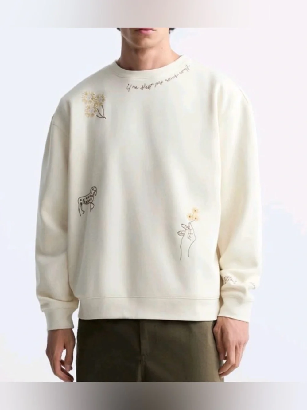 Zara Cream Crewneck Sweater with Subtle Embroidered Motifs